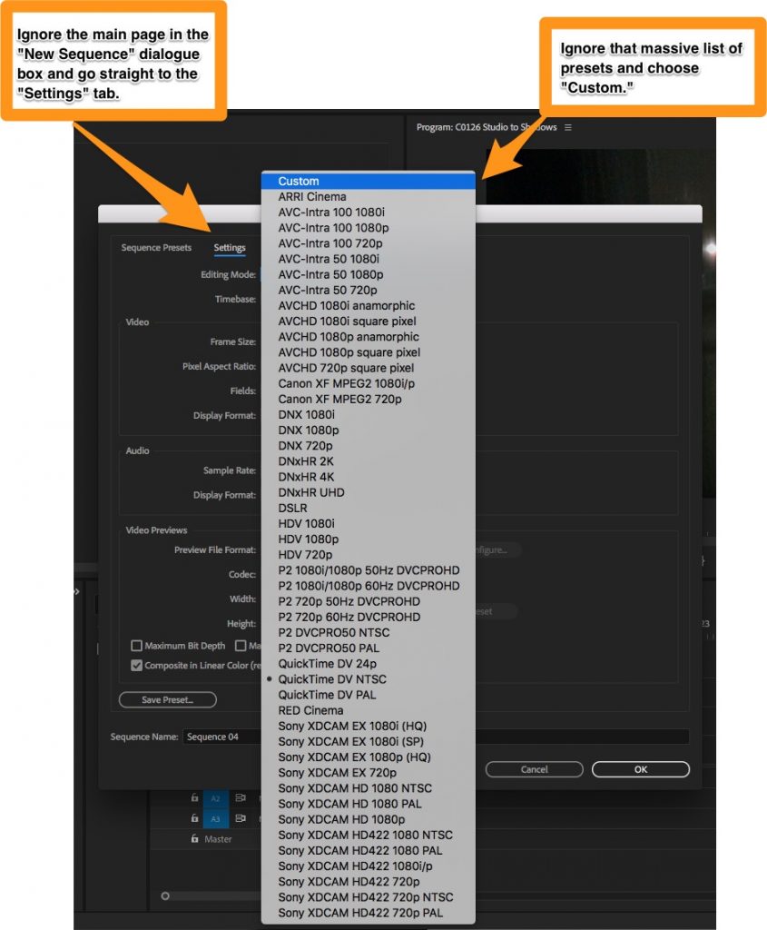 Ignore the main page of the New Sequence dialogue box and go straight to the Video tab.
