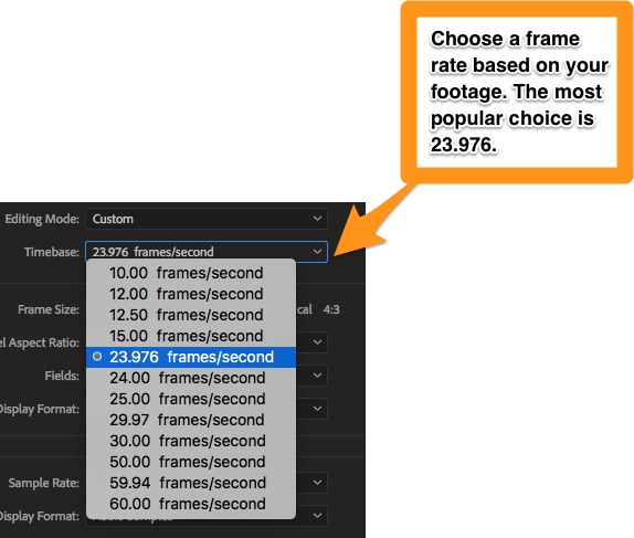 Choose the standard frame rate of 23.976.